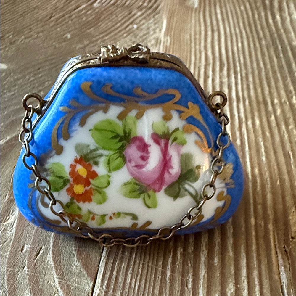 Limoges France Blue purse hinged Trinket Box hand painted Floral Design